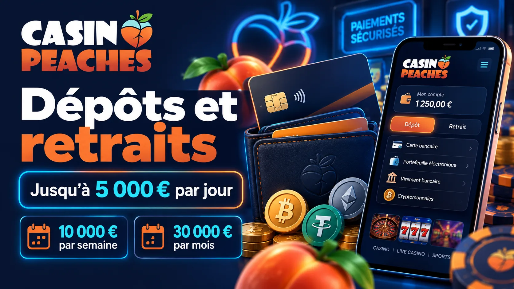 Dépôts et retraits Casino Peaches, jusqu’à 5 000 € par jour